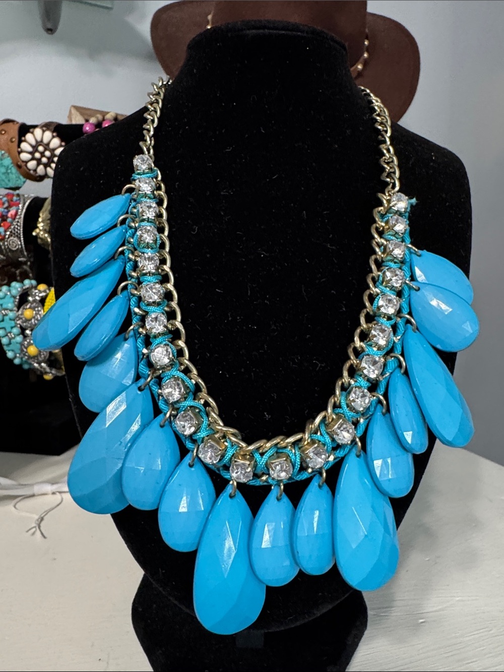 Blue Statement Teardrop Necklace with blue cord and rhinestones